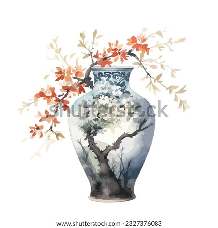 chinese traditional flower vase with red hibiscus in watercolor Royalty-Free Stock Photo #2327376083