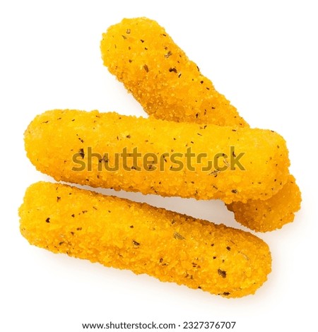 Three fried breaded mozzarella sticks nuggets isolated on white. Top view. Royalty-Free Stock Photo #2327376707