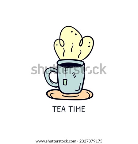 Tea cup mug cartoon hand drawn doodle. Sel care awareness sticker drawing clip art vector icon illustration