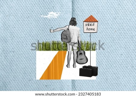 Artwork magazine collage picture of unhappy guy hitch hiking looking new home isolated blue drawing background