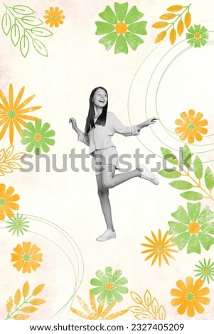 3d retro artwork template collage of cute carefree small schoolkid enjoying flowers blossom isolated painting background