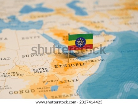 The Flag of Ethiopia on the World Map.