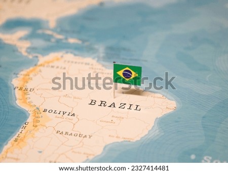 The Flag of Brazil on the World Map.