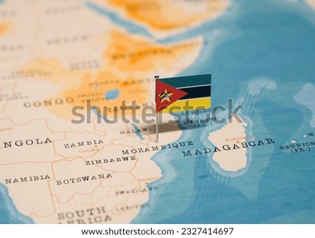 The Flag of Mozambique on the World Map.