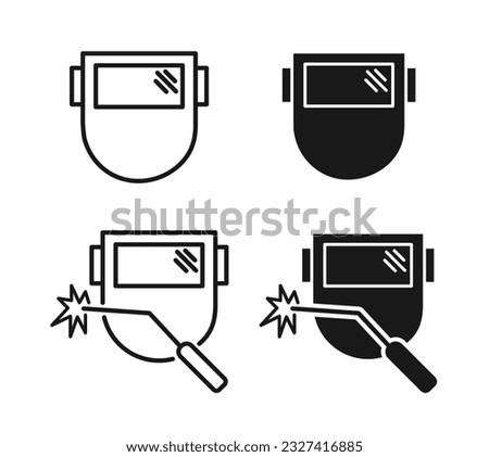 Welding safety helmet icon set. Welder mask vector pictogram in filled and outlined style.