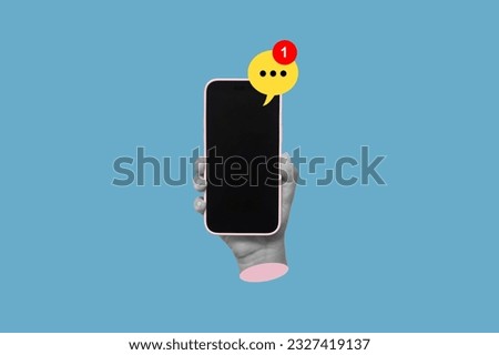Mobile phone with black screen with notification of new message in female hand on blue color background. Blank with empty copy space. Trendy collage in magazine style. Contemporary art. Modern design Royalty-Free Stock Photo #2327419137