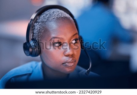 Safety, security or woman in call center for emergency or legal service thinking of danger in office at night. Worker, law patrol or face of female police contact agent with headset for communication Royalty-Free Stock Photo #2327420929