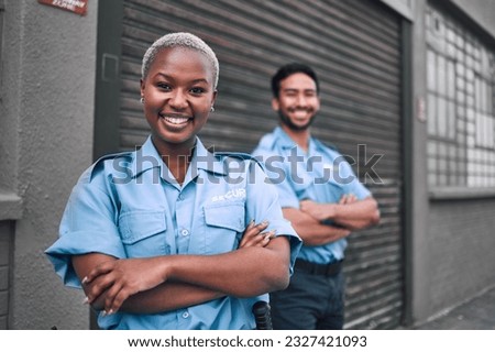 Team, security guard or safety officer portrait on the street for protection, patrol or watch. Law enforcement, smile and duty with a crime prevention unit man and woman in uniform in the city Royalty-Free Stock Photo #2327421093