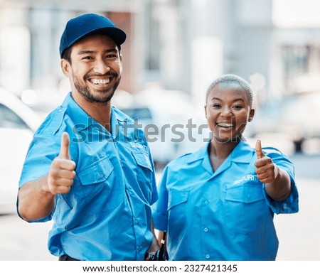 Security guard, safety officer and team thumbs up on street for protection, trust or support. Law enforcement, happy and hand sign of crime prevention man and black woman in uniform outdoor in city