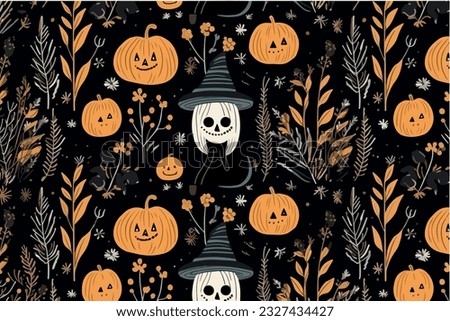 Halloween holiday seamless pattern background with hand drawing elements - pumpkin, ghost, cat and skull. Vector illustration