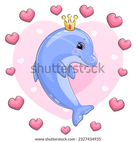 Cute cartoon dolphin with a crown in a heart frame. Vector illustration of an animal on a pink background.
