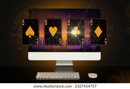 Online gambling. Poker online. Casino online. The computer is on a table with a picture of gambling.