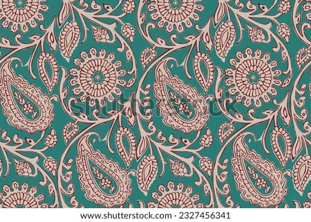 PAISLEY AND MARIGOLD FLORAL PATTERN AJRAKH BAGRU SANGANER BLOCK PRINT AND BATIK PRINT DIGITAL PRINT SEAMLESS TEXTILE PATTERN IN EDITABLE FILE Royalty-Free Stock Photo #2327456341