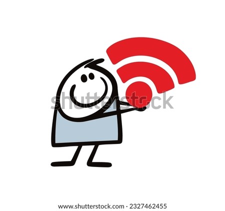 Friendly stickman holds a wifi sign in his hands. Vector illustration of the Internet and new technologies. Cartoon stick man character isolated on white background. 