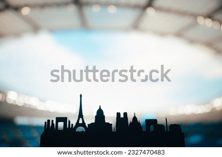 Epicenter of Culture and Athletics: Silhouette of Paris Embracing its Landmarks, with a Modern Sports Arena in the Background. A Striking Visual for the 2024 Summer in Paris