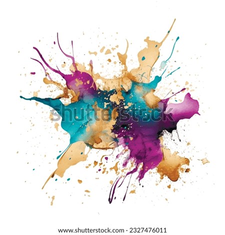Blue beige violet watercolor splash blot splatter stain on white background. Colorful watercolor brush strokes pattern. Trendy textured hand drawn vector illustration. Isolated modern design on white.