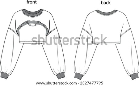 Crew neck crop top sweatshirt vector illustration, fashion sweatshirt technical template, women sweatshirt cad sketch Royalty-Free Stock Photo #2327477795