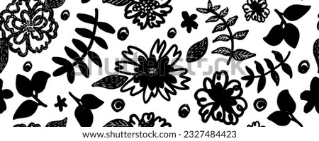 Spring flowers hand drawn vector seamless pattern. Black brush flower silhouettes. Roses, peonies and chrysanthemums black silhouettes. Floral drawings with texture. Summer botanical background
