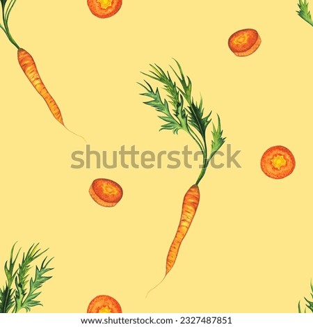 Watercolor seamless pattern with hand drawn carrot, orange vegetable isolated on yellow background. healthy plants for print, fabric, wrapping paper, banner
