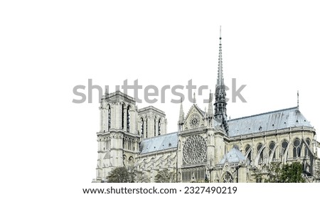 Notre Dame de Paris (carved on white background), also known as Notre Dame Cathedral or simply Notre Dame, is a Gothic, Roman Catholic cathedral of Paris, France Royalty-Free Stock Photo #2327490219
