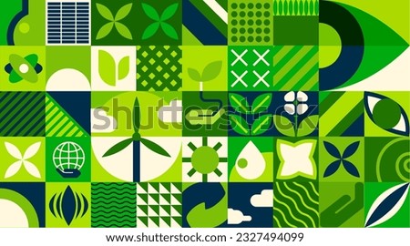 Green energy, environment abstract geometric bauhaus pattern. Vector ecology, sustainable energy and eco friendly power background. Bauhaus pattern with recycle sign, green leaf, solar panel, turbine Royalty-Free Stock Photo #2327494099