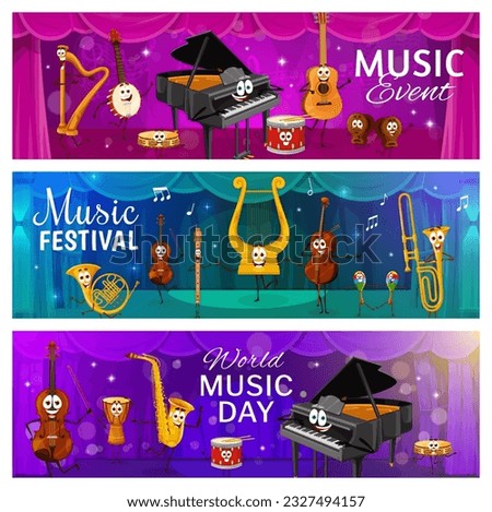 Cartoon musical instrument characters on the opera or theater stage. Classic music musician acoustic instruments vector banners with harp, banjo, tambourine, piano and drum, guitar cute personages
