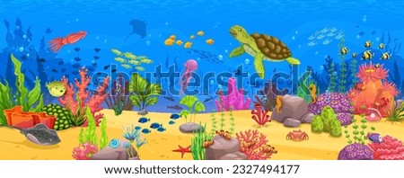 Cartoon underwater landscape with turtle and fish shoal, seaweeds, corals and reefs. Underwater aquatic life landscape, coral reef water world background or sea deep wildlife vector scene or wallpaper Royalty-Free Stock Photo #2327494177