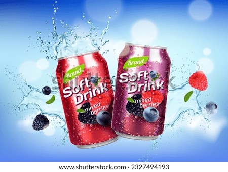 Wild berries tea drink can and splash. Vector refreshing combination of blueberry, raspberry, and blackberry flavors come together, creating a burst of cool fruity goodness that invigorates the senses Royalty-Free Stock Photo #2327494193