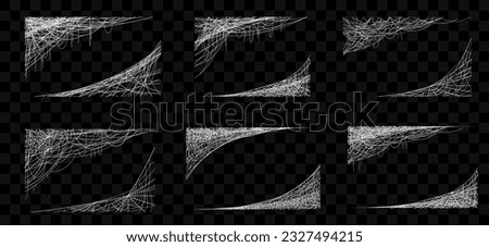 Halloween cobweb frames and corners. Spiderweb vector borders of scary horror night holiday with white spider web and net threads. Spooky gothic Halloween cobweb frames set on transparent background Royalty-Free Stock Photo #2327494215