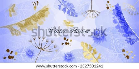 Winter poster with leaves. Watercolor frozen plants. Colorful poster with hoarfrost, frozen flowers and text template. Wallpaper design with gold and blue pattern. Cartoon flat vector illustration Royalty-Free Stock Photo #2327501241