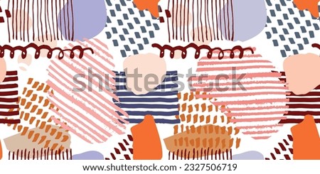 Abstract vector playful seamless pattern with hand drawn red, pink and blue shapes, blobs and lines. Bright colors texture for kids textile design, wrapping paper, surface, wallpaper, background