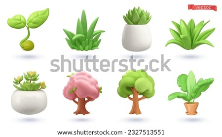 Plant shoot, potted houseplant, tree, grass, 3d vector cartoon icon set Royalty-Free Stock Photo #2327513551