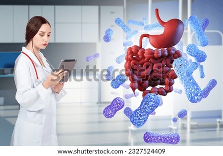 Doctor woman. Probiotics for digestion. Gastrointestinal tract. Gastroenterology with tablet. Medical girl is studying probiotics. Woman doctor analyzes microbiota. Caring for stomach or intestines Royalty-Free Stock Photo #2327524409