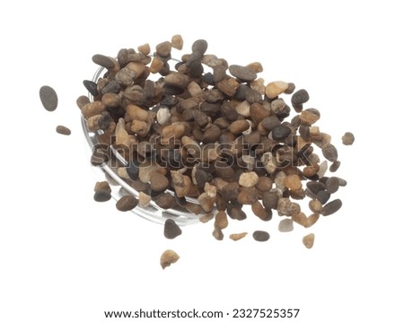 Fish Tank decorative Rock stone gravel fly explosion fall, brown stone rock explode abstract cloud fly, splash in air for ground floor. White background isolated high speed shutter freeze shot