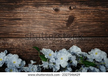 Top view Blooming Flowers frame with copy space on wooden background