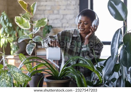 Morning routine and mediation, mental health concept. Cozy green interior. Attractive plus size African American young woman taking care about home plants. Enjoying household activity, singing, dance