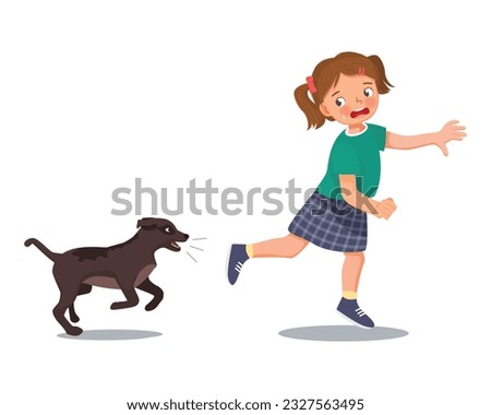 Cute little girl running scared chased by barking dog
