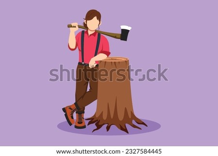 Cartoon flat style drawing woman lumberjack lean on wood log. Wearing shirt, jeans and boots. Holding on her shoulder a ax. Female lumberjack pose on logging forest. Graphic design vector illustration Royalty-Free Stock Photo #2327584445