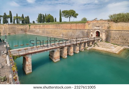 Peschiera del Garda, Italy - view of Ponte di Porta Brescia bridge in fortified citadel Royalty-Free Stock Photo #2327611005