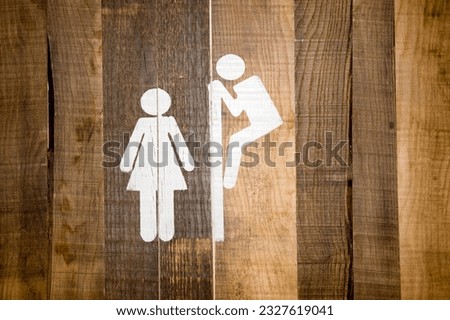 Funny wc restroom symbols man trying to look at woman in toilet wooden signage wooden board