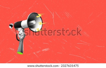 Contemporary art collage. Human hand holding megaphones and spreading fake news. Concept of information, creativity, social issues, rumors. Copy space for ad Royalty-Free Stock Photo #2327631475