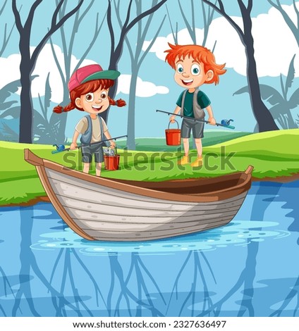 Two Kids Ready to Go Fishing Vector illustration