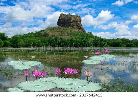 Landscape of lion rock and lake at Sigiriya in Sri Lanka