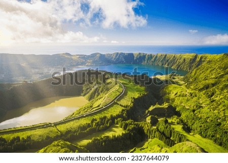 View of Sete Cidades near Miradouro da Grota do Inferno viewpoint, Sao Miguel Island, Azores, Portugal.  Royalty-Free Stock Photo #2327644079