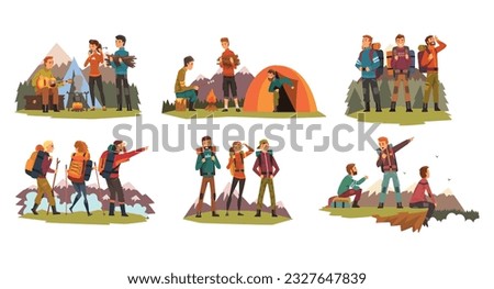 People Tourist or Explorer Character with Backpack Hiking and Mountaineering Vector Set