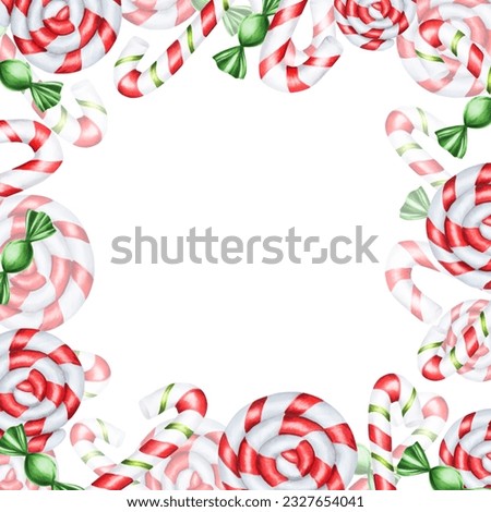 Watercolor frame with christmas candy canes illustration. New year hand painting lollipop clip art isolated on white background. New year hand painting red cupcake isolated on white background. For de