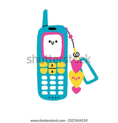 Cute Blue Button Phone from the 2000s, music players. Vector illustration in naive hand-drawn style. 