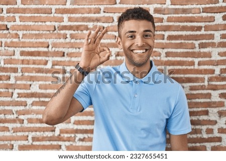 Brazilian young man standing over brick wall smiling positive doing ok sign with hand and fingers. successful expression. 