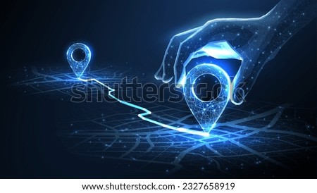 Digital hand set location on map with two pins. AI technology in GPs, innovation delivery, map location, future transport logistic, route path concept. GPs point. New office location, change address Royalty-Free Stock Photo #2327658919