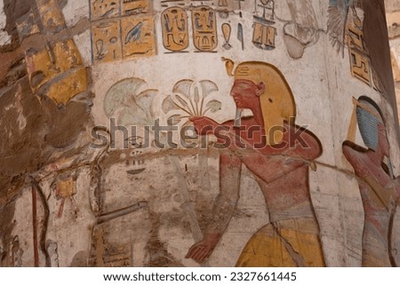 Ancient Egyptian Pharaonic Hieroglyphic relief details on columns of the Great Hypostyle Hall of the Temple of Karnak, Luxor, Egypt.  Royalty-Free Stock Photo #2327661445